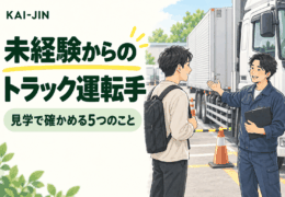 未経験からのトラック運転手。停車中のトラックの横で担当者が仕事を紹介するイラスト。