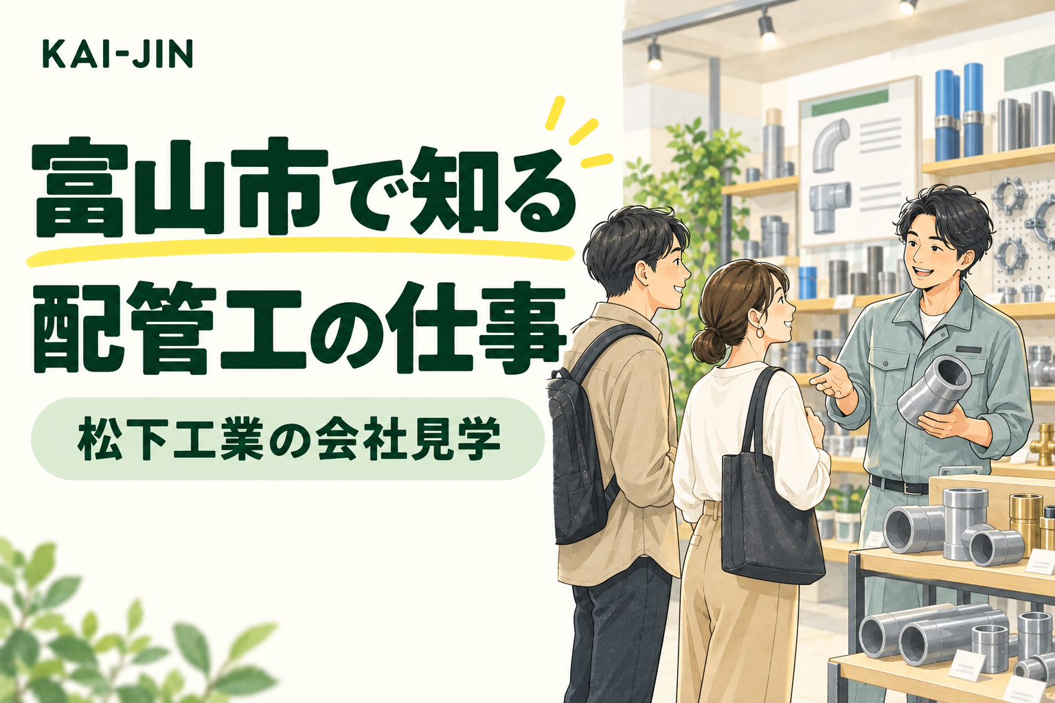 富山市で知る配管工の仕事。配管部材を担当者が紹介するイメージイラスト。実際の松下工業の職場写真ではありません。