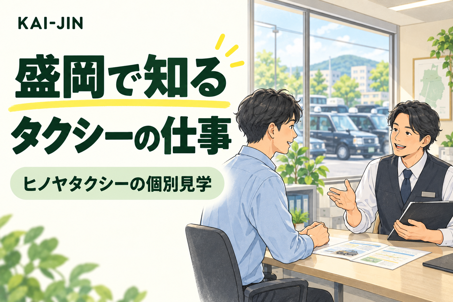 盛岡で知るタクシーの仕事。求職者と担当者が話すイメージイラスト。実際のヒノヤタクシーの職場写真ではありません。