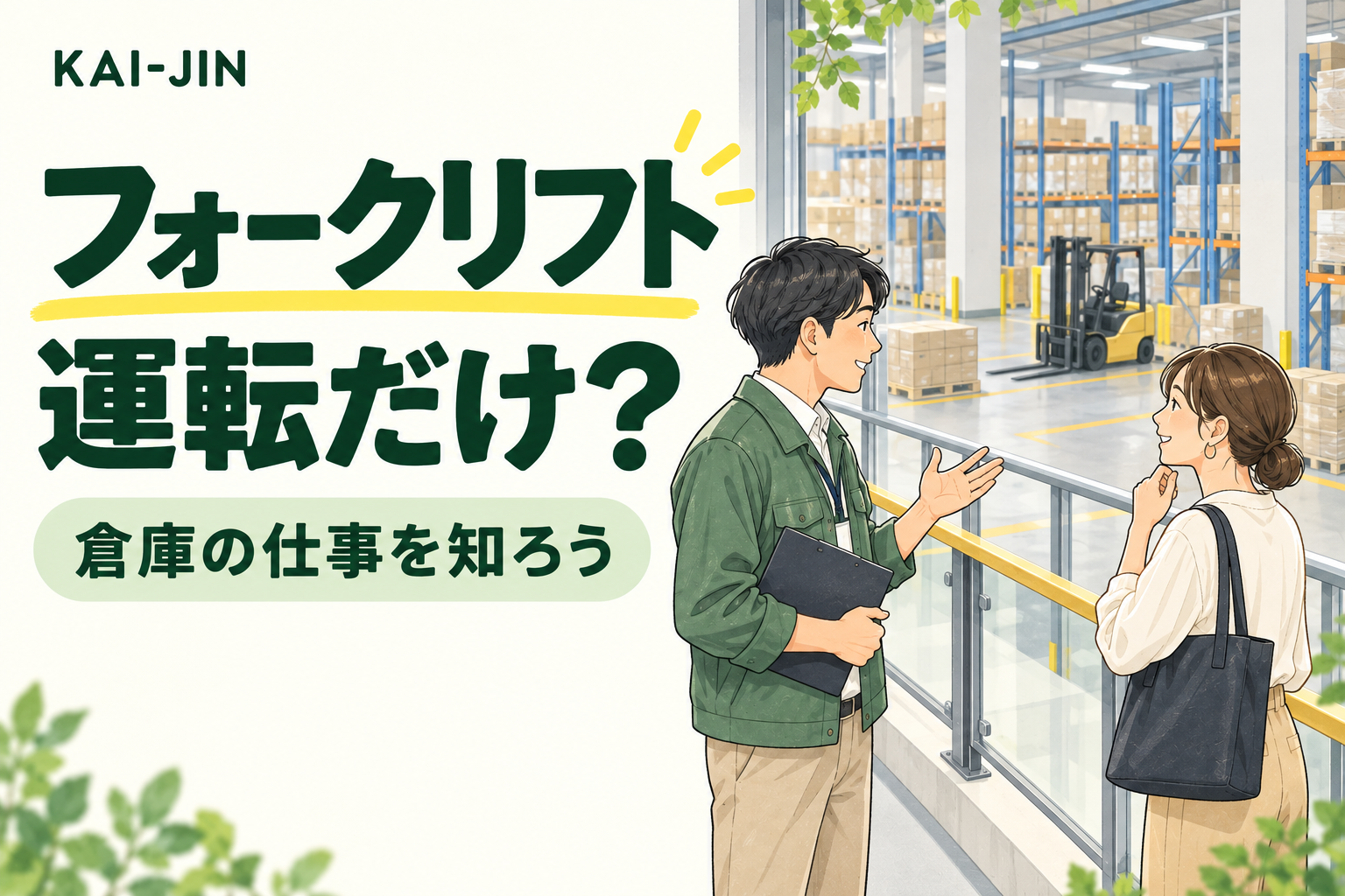 フォークリフトの仕事を知る倉庫見学のイメージイラスト。分離された通路で担当者が説明し、奥に停車中の車両がある。