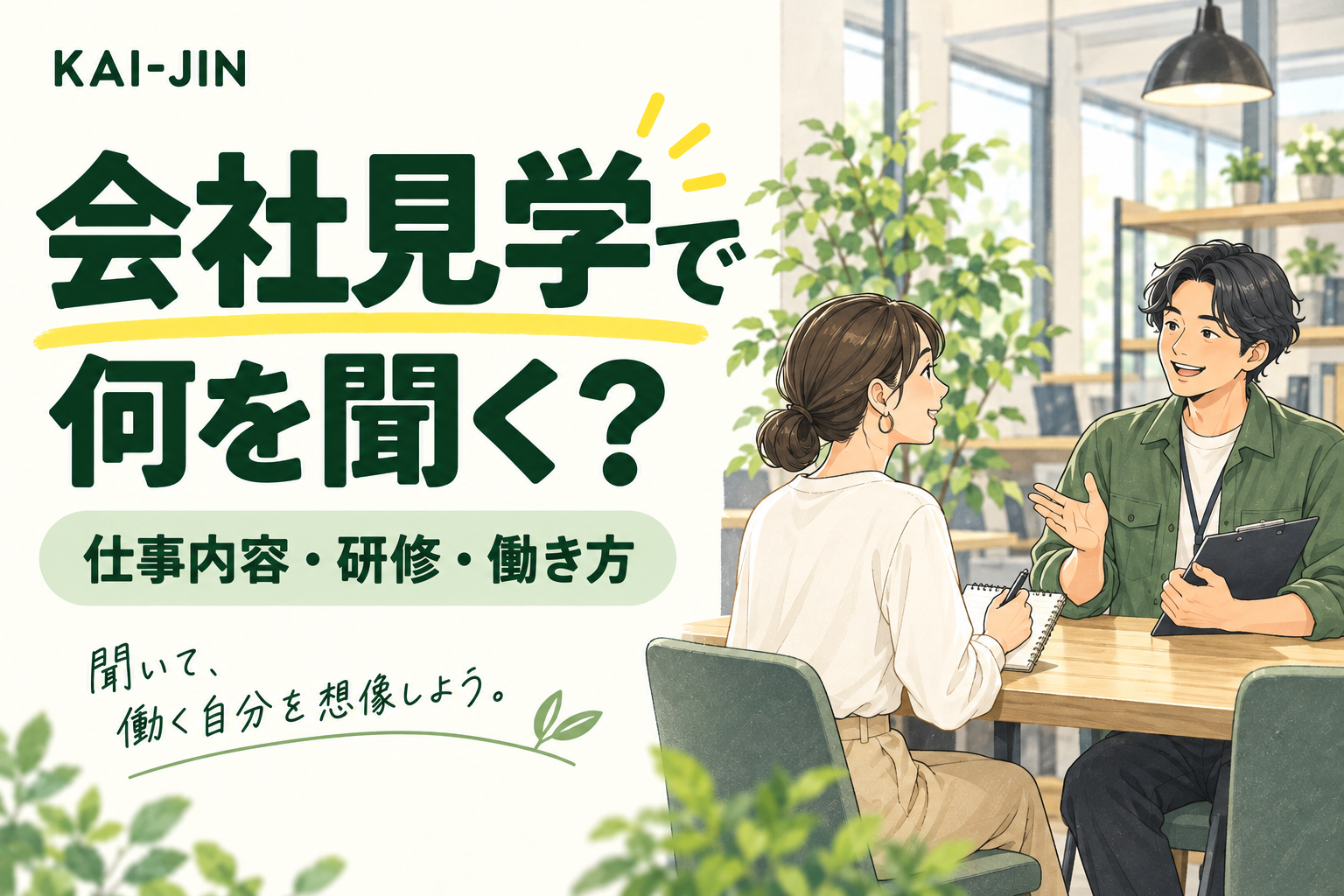 会社見学で何を聞く?仕事内容・研修・働き方。求職者と担当者が話すイラスト