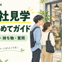 会社見学の服装・持ち物・質問を紹介するKAI-JINのはじめてガイド。職場で案内を受ける求職者のイラスト。